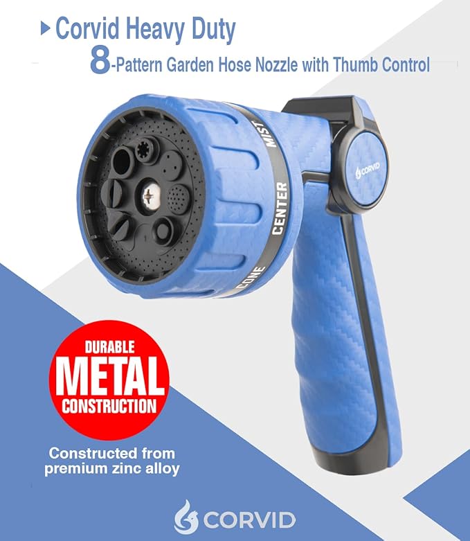 3-Pack Corvid Heavy Duty 8-Pattern Garden Hose Nozzle with Thumb Control, Adjustable High-Pressure Watering Spray Nozzle with Ergonomic Handle - Perfect for Lawn & Garden, Car Wash, Pet Cleaning