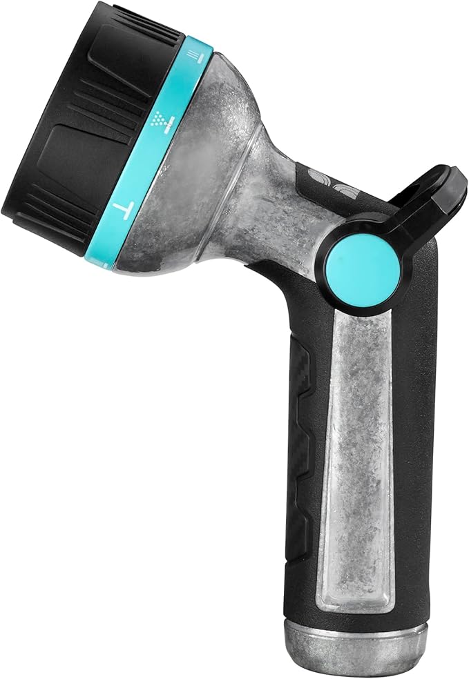 Heavy Duty High Pressure Metal 8 Pattern Hose Nozzle 500011 with Thumb Control and Extended Handle Comfort Grip by New England Garden Tools for Cleaning, Watering Plants & Yards, Washing Cars & Pets