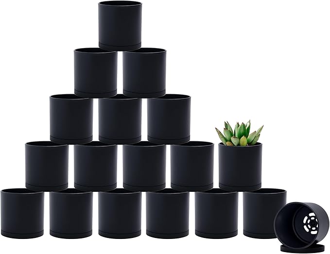 D'vine Dev 18 Pack 2.5 Inch Mini Plastic Plant Pots, Small Garden Planters for Plant with Drainage Holes and Saucers, Black Color, 74-Y-B-5