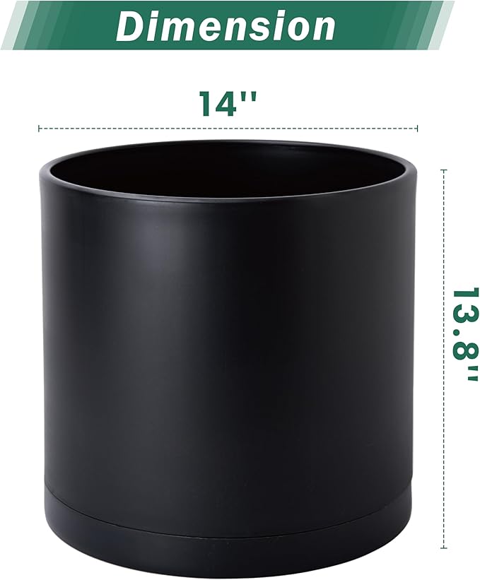 D'vine Dev 2 Pack 14 Inch Modern Plastic Plant Pots, Small Garden Planters for Plant with Drainage Holes and Saucers, Black Color, 74-Y-Q-1