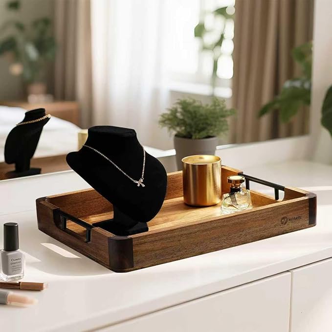 Wood Serving Tray with Handles, 17"x13" Large Decorative Ottoman Tray for Coffee Table, Walnut and Acacia Wooden Serving Trays for Party, Home Decor Rectangular Platters with 3 Silicone Mats