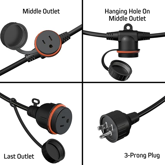 50FT Black Outdoor Extension Cord, Evenly Spaced 6 Outlets Plugs with Waterproof Cover, 16/3 SJTW Weatherproof Multiple Outlets Wire for Holiday Light and Halloween Christmas Decoration, ETL Listed