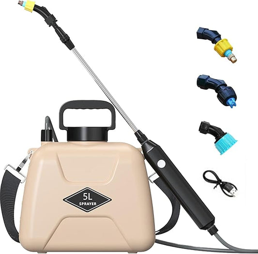 2025 Upgraded Electric Garden Sprayer | 5L/1.35Gal Battery-Powered Sprayer w/ 3 Nozzles, Leak-Proof Design & Adjustable Strap | Type-C Rechargeable for Lawn, Garden, Yard (Light Yellow)