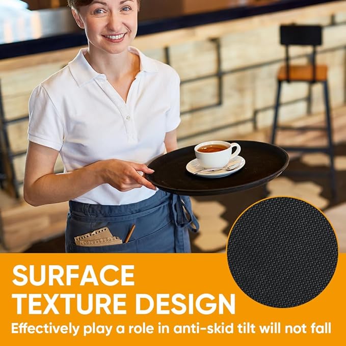 8 Pcs 14 Inch Black Round Restaurant Serving Tray - Plastic Food Meals Server Tray with Raised Edges Non-Slip Surface for Home Kitchen Restaurant Cafeteria Bar