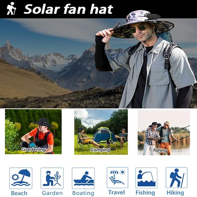Solar Fan Hat Wide Brim Fishing Hat with 2 Solar Fan & USB Charging Sombrero para el Sol Hombre Outdoor Hiking Hat for Adult