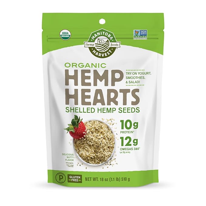 Manitoba Harvest Organic Hemp Seeds, 18oz, 10g Plant Based Protein and 12g Omega 3 & 6 per Srv, smoothies, yogurt & salad, Non-GMO, Vegan, Keto, Paleo, Gluten Free