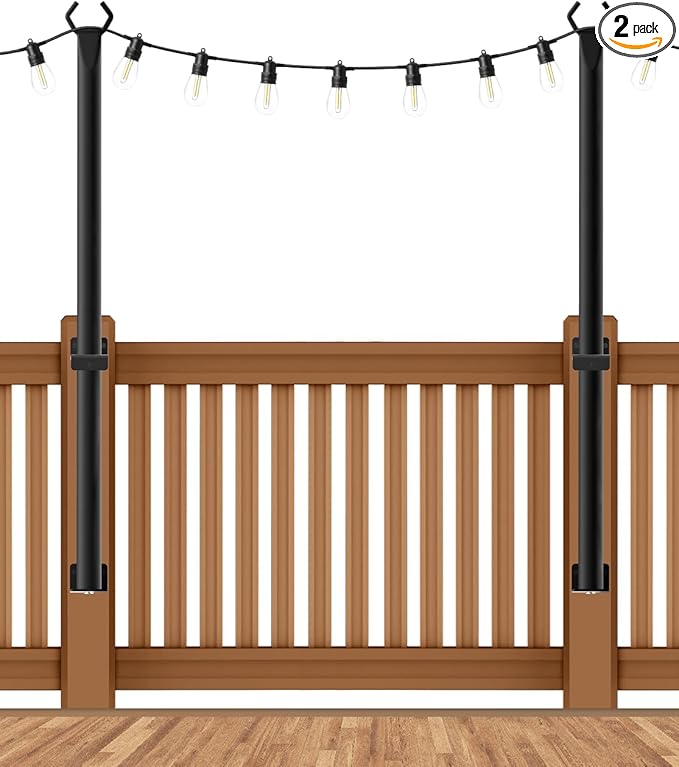 2 Pack String Light Poles,5 Ft String Light Poles for Outside with Fixing Clips,Metal Poles for Outdoor String Lights, Hanging Light Poles for Deck Fence Garden Backyard Wall Bistro