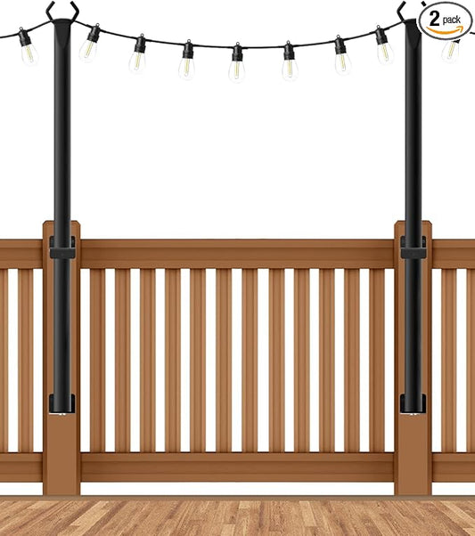 2 Pack String Light Poles,5 Ft String Light Poles for Outside with Fixing Clips,Metal Poles for Outdoor String Lights, Hanging Light Poles for Deck Fence Garden Backyard Wall Bistro