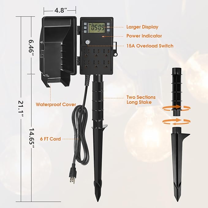 SURAIELEC Outdoor Power Stake, 7-Day Programmable Digital Timer, Power Strip Weatherproof, 6 Multi Plug Electrical Outlet Waterproof, 6FT Extension Cord, for Outside Yard Light, Halloween Decorations