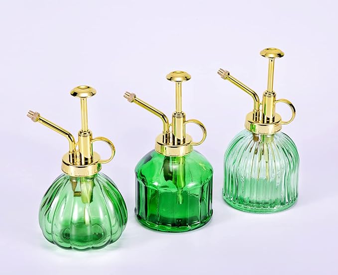 Glass Plant Mister Spray Bottle, 6.5" Green Glass Water Spray Bottle with Gold Top Pump Small Watering Can, Small Plant Sprayer Mister for Indoor Outdoor House (Green+Gold A)