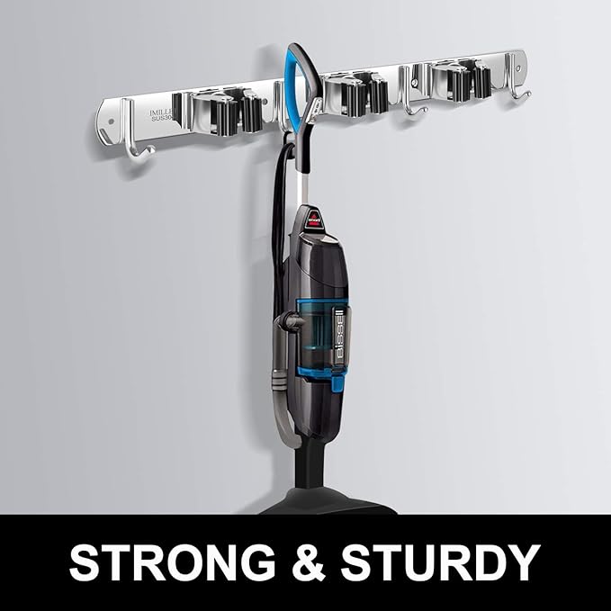 IMILLET Broom and Mop Holder Wall Mounted, Stainless Steel Broom Holder Mop Holder Self Adhesive Heavy Duty Hooks Storage Organizer for Home Laundry Room Garden Garage（3 Racks with 4 Hooks）