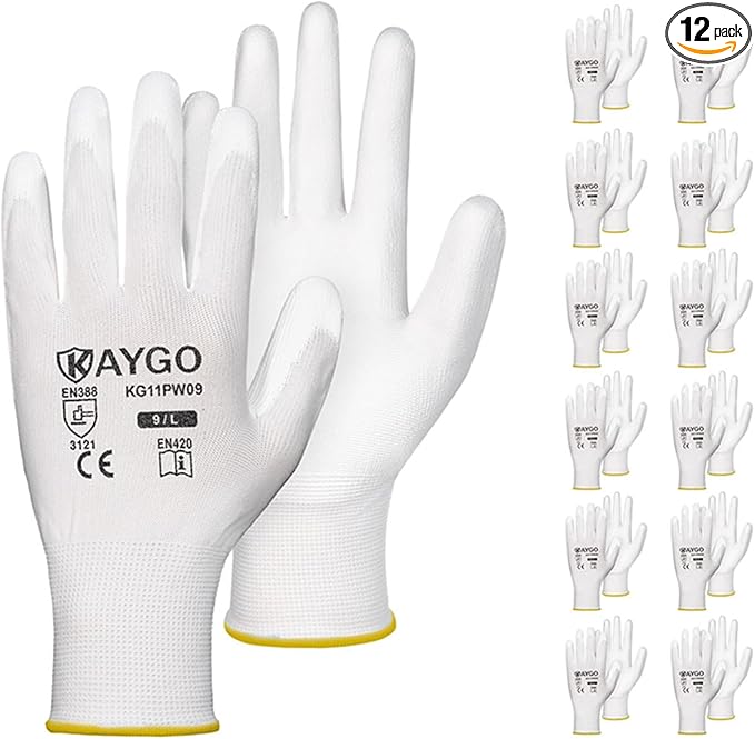 KAYGO Safety Work Gloves PU Coated-12 Pairs, KG11PB, Seamless Knit Glove with Polyurethane Coated Smooth Grip on Palm & Fingers, for Men and Women, Ideal for General Duty Work (Large, White)