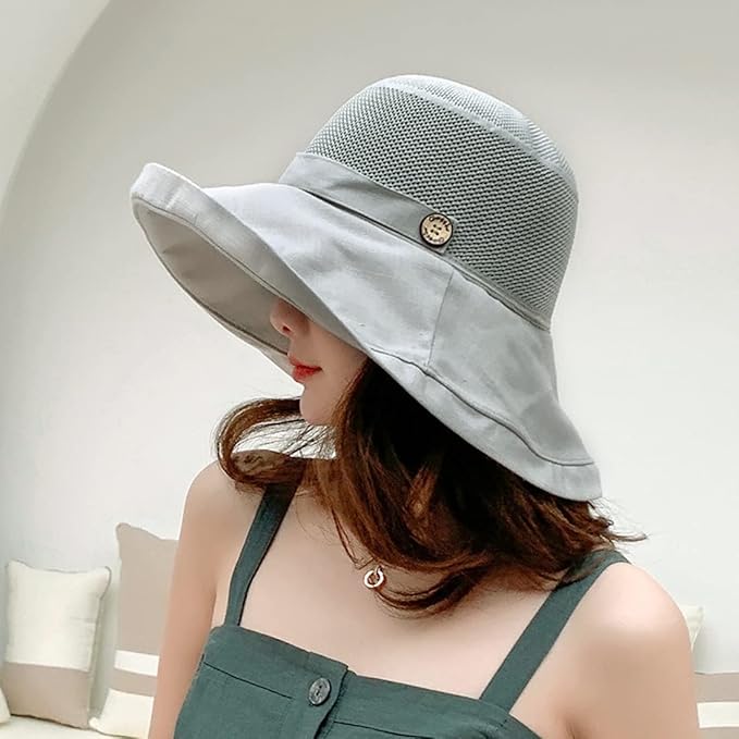 Women Wide Brim Sun Hats Metal Wired Edge Summer UV Protection Beach Fishing Hat for Hiking Garden Travel Chin Strap