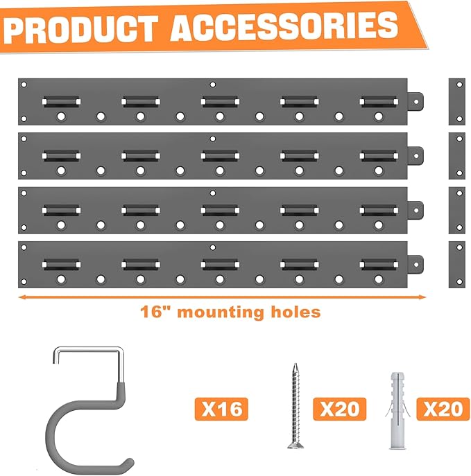 TORACK Plastic Wall Mounted Mop and Broom Holder, Garden Tools Organizer for Garage Wall, Yard Tool Storage Rack for Rakes, Shovels, Mops, Brooms (4 Tracks, 16 Hooks)