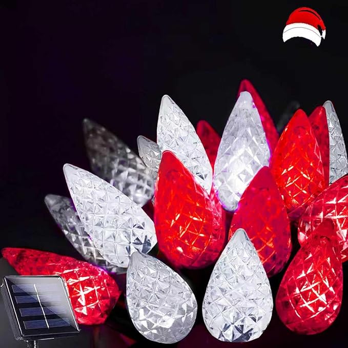 C6 Solar Christmas Lights Outdoor, 100 LED 33FT Christmas Decorations Outdoor Waterproof, Solar String Lights for Outside with 8 Modes, Fairy Twinkle Light for Tree Garden Yard Decor (Red and White)