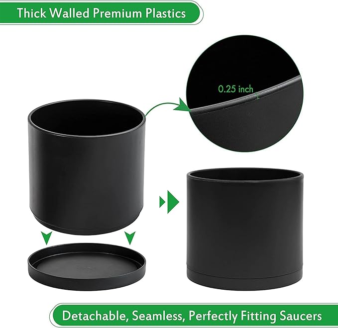 D'vine Dev 8 Inch Plastic Planter Pots for Plant Pot with Drainage Hole and Seamless Saucers, Black Color, 74-X-B-1