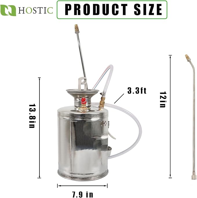HOSTIC 1 Gallon Stainless Steel Sprayer Hand Pump Sprayer with Pressure Gauge Safety Valve Adjustable Nozzle for Gardening Lawn and Cleaning