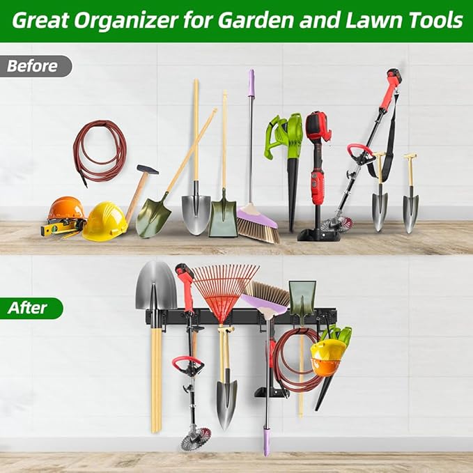 Garage Tool Organizer Wall Mount with 48 inches Rails and 6 Double-layer Hooks, Garden Tool Rack Heavy Duty, Garage Hanging Storage Rack For Yard Tools, Shovel, Shed