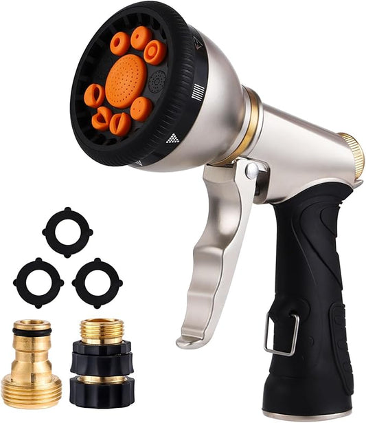 Tesony Garden Hose Nozzle, Heavy Duty Metal Water Hose Sprayer with 9 Adjustable Spray Patterns and Brass Hose Quick Connector, High Pressure Handheld Spray Nozzle Gun for Watering Plants, Car Washing
