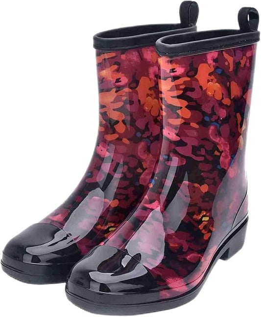Women Half Calf Rubber Rainboots Leopard gerbera Red Floral Printed Waterproof Rubber Garden rain footwear