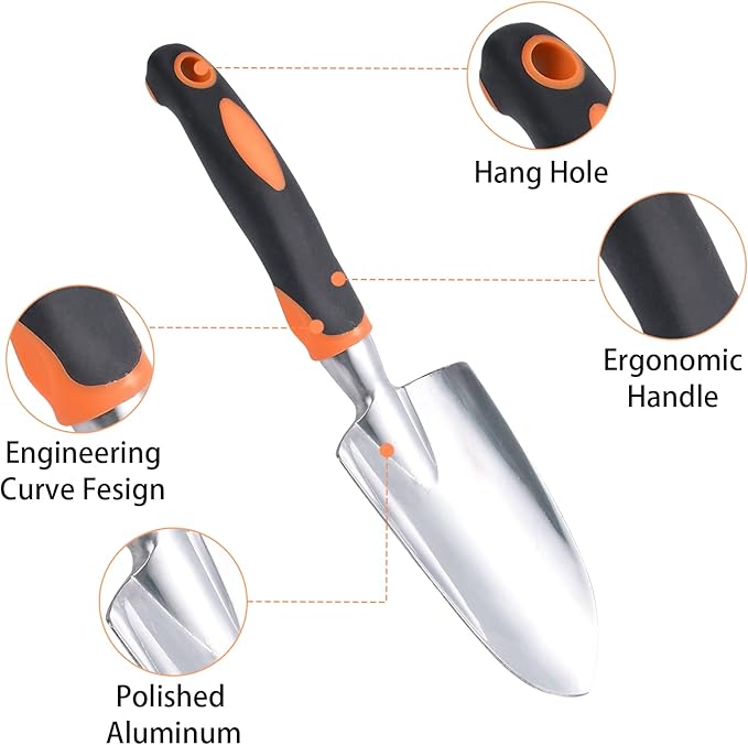 Garden Shovel Hand Trowel Mini Shovel Garden Tools Cast-Aluminum Heavy Duty Gardening Tool Soft Rubberized Non-Slip Handle Potting Tools for Planting, Transplanting, Weeding, Digging Soil (Orange)