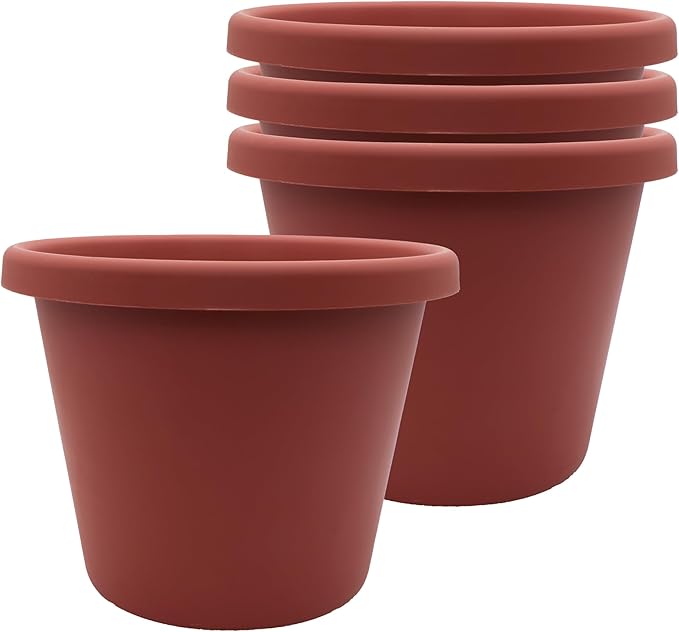 The HC Companies Classic Round Plastic Plant Pot w/Rolled Rim - Lightweight & UV Resistant Flower Pot for Herbs & More - Outdoor & Indoor Plant Pots w/Drainage (7 inch Clay, Pack of 4)
