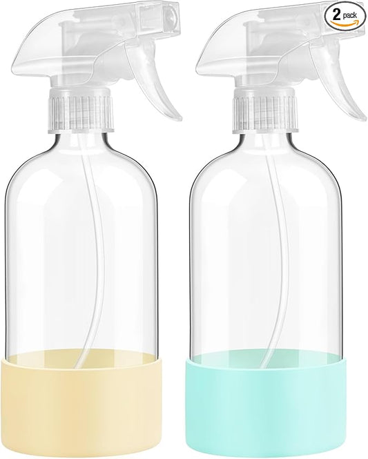 Glass Spray Bottles with Silicone Sleeve Protection, 16 oz 2 Pack, Reusable Spray Bottles with Adjustable Nozzle for Hair, Cleaning Solutions, Plants, Pale Yellow&Mint Green