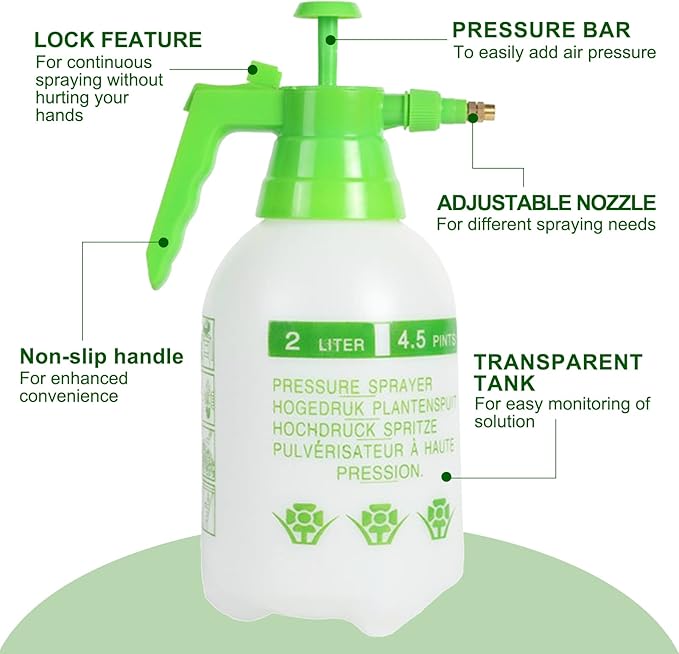 68oz Garden Pump Sprayer, 2L Hand Pressure Sprayer Bottle, 0.5 Gal Lawn Adjustable Sprayer for Plant Mister Spraying Weeds Home Cleaning Watering (Green)