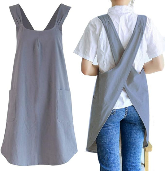 NEWGEM Japanese Linen Cross Back Cooking Aprons for Women Men with Pockets Cute for Baking Kitchen