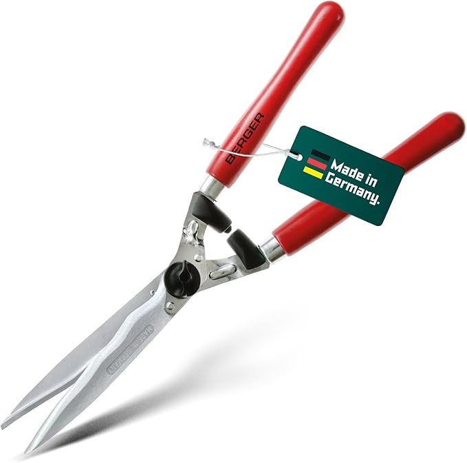 BERGER Professional Hedge Shear, Self-Sharpening 9.45" Steel Blades, Chrome-Plated Wavy Blades, 2 Sap Grooves to Prevent Sticking, Wood Handles, 4590