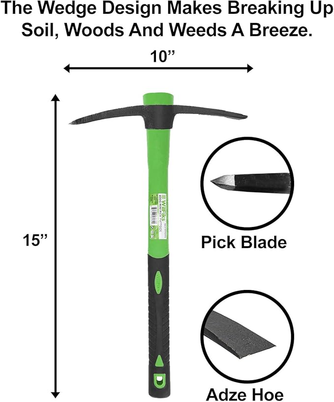 WilFiks Pick Mattock, 15" Heavy Duty Pick Axe Hand Tool with Forged Heat Treated Carbon Steel, Adze Hoe for Weeding, Prying and Digging Anti-Slip Grip, Fiberglass Ergonomic Shock Reduction Handle