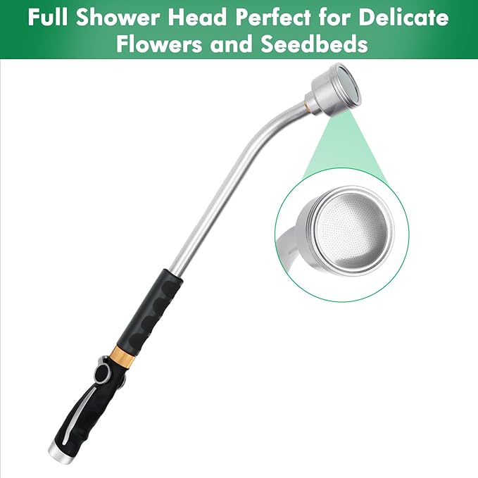 RESTMO Long Watering Wand, 24 Inches Gentle Soft Full Shower Sprayer Wand with Thumb Flow Control, Heavy Duty Metal Hose Wand for Hanging Baskets, Shrubs, Plants, Flowers, Garden and Lawn, Silver