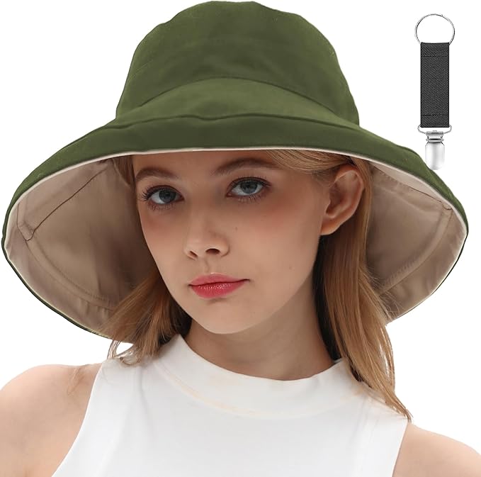 vidsel Womens Sun Hats Wide Brim Reversible Bucket Cotton Hat Packable Summer Travel Cap with Hat Clip,UV Protection