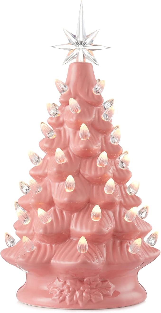 Casafield Hand Painted Ceramic Christmas Tree, Pink 12-Inch Pre-Lit Tree with 100 Multi Color Lights and 2 Star Toppers