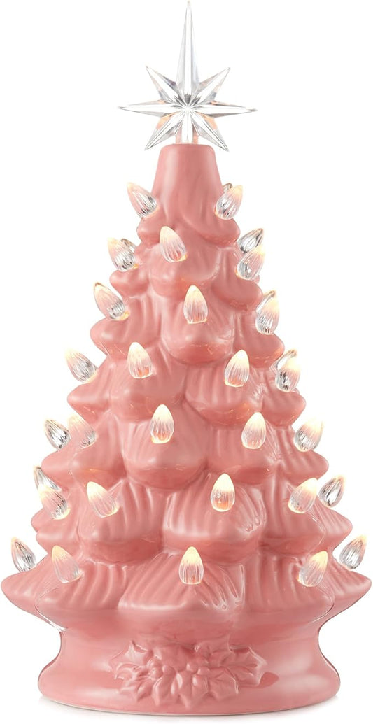 Casafield Hand Painted Ceramic Christmas Tree, Pink 12-Inch Pre-Lit Tree with 100 Multi Color Lights and 2 Star Toppers