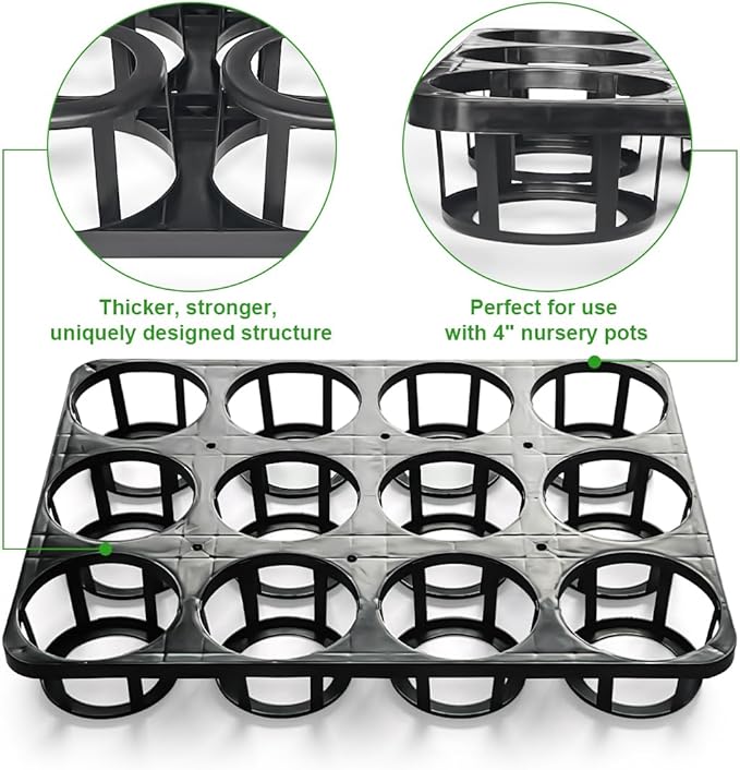 12 Cell Nursery Planter Pots Trays, Plant Pot Shuttle Carry Holder and Trays for 4 inch Round Plastic Nursery Pots Flowerpot Carrier Transporting (16.75" 12.43", 2.1" Deep, 10-Pack)