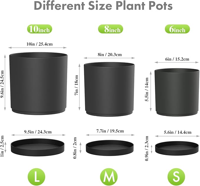10/8/6 inch Large Deep Plant Pots for Outdoor Indoor Plants, 3 Pack Tall Cylinder Flower Pots with Drainage Holes and Saucers, Big Plastic Planter Pots for Garden House Porch, Black