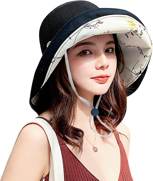 Women Wide Brim Sun Hats Metal Wired Edge Summer UV Protection Beach Fishing Hat for Hiking Garden Travel Chin Strap