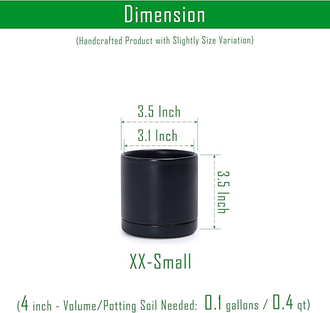 D'vine Dev Set of 3 Plants Pots, 3.5 Inch Ceramic Planter Pot for Plants with Drainage Hole and Saucer, Black, 94-N-A-2