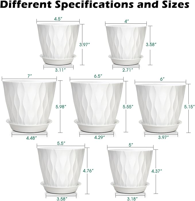 GARDIFE 7/6.5/6/5.5/5/4.5/4 inch Plant Pots, 7 Pack Flower Pots Indoor Outdoor, Planters with Drainage Holes and Tray Saucers (White)