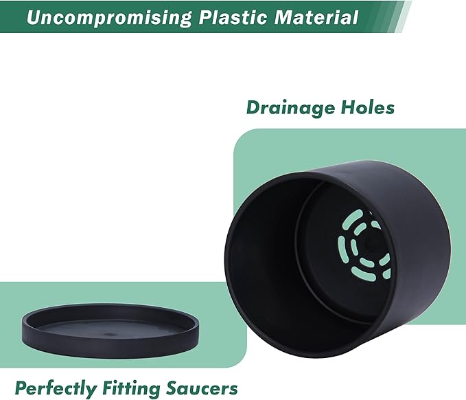 D'vine Dev 4 Pack 4.5 Inch Modern Plastic Plant Pots, Small Garden Planters for Plant with Drainage Holes and Saucers, Black Color, 74-Y-F-2