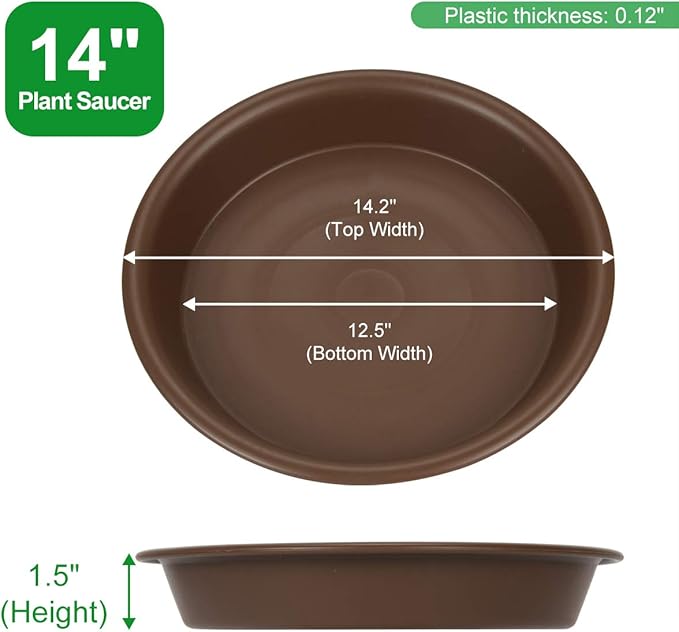 Plant Saucer 14 inch, Heavy Large Planter Durable Thicker Plastic Plant Trays for Indoors and Outdoor, Plant Saucer Drip Trays,Brown (14" - 3 Pack)