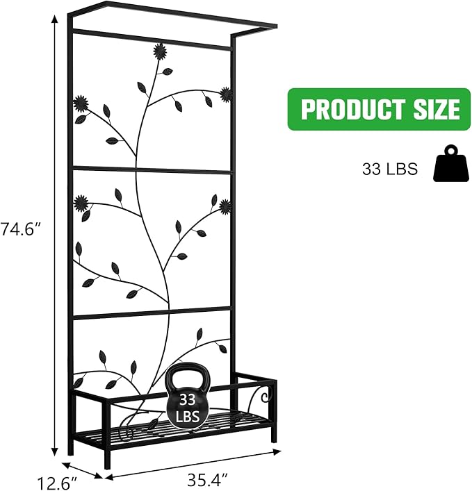 MOTION Metal Planter with Trellis - Raised Bed with Trellis for Vine Climbing Plants Flowers, 74.6 Inch Height Privacy Screen with Hanging Plant Pot Shelf, Black