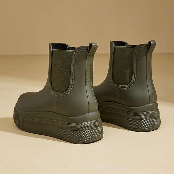 Women's PVC Chunky Platform Ankle Rain Boots Waterproof Slip On Anti-slip Chelsea Boots Comfort Wide-leg Elastic Band Outdoor Rubber Garden Work Rain Boots For Yard Farm