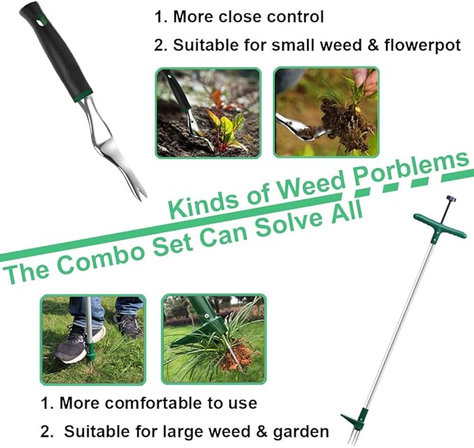 Walensee Stand Up Weeder and Weed Puller, Stand up Manual Weeder Hand Tool with 3 Claws, Stainless Steel and High Strength Foot Pedal, Weed Puller (Combo Pack - Stand Up Weeder & Hand Weeder)