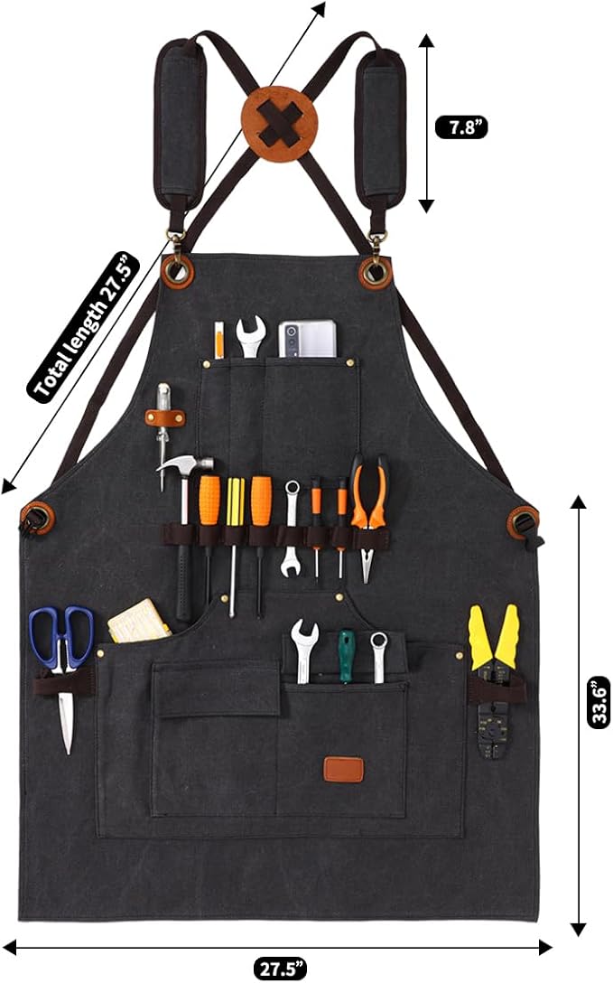 Aprons for Men, Heavy Duty Canvas Tool Apron, With multi Tool Pockets, Adjustable S to XXXL Cross Back Apron, Workshop & Woodworking Apron, Utility Work Aprons for Men