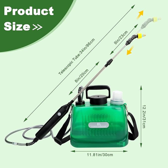 Pump Sprayer 2 Gallon Battery Powered 2 Gallon Sprayer, Upgrade Powerful with 3 Mist Nozzles, Rechargeable Handle, Retractable Wand,with Adjustable Shoulder Strap for Garden, Lawn, Cleaning