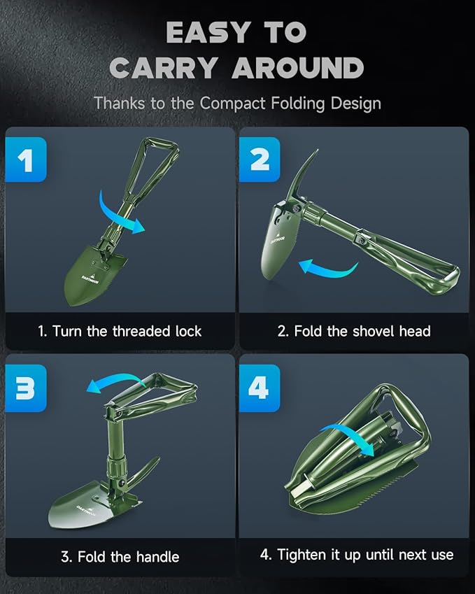 18.1" Military Style Foldable E-Tool, Small Compact Lightweight Survival Shovel, Entrenching Tool for Off Road, Folding Spade Collapsible Shovel for Camping, Hiking, Digging, Gardening, Green