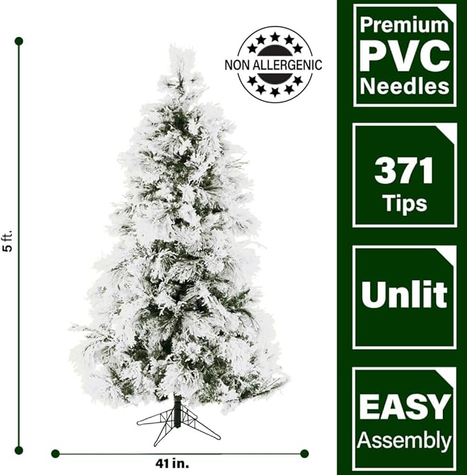 Fraser Hill Farm 5.0-Foot Snowy Pine Flocked Slim Christmas Tree, No Lights, FFSN050-0SN