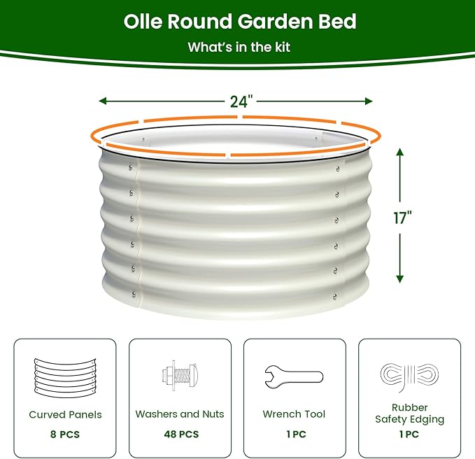 Olle Twin Round Raised Beds for Gardening, Galvanized Planter Box for Vegetables, Metal Raised Garden Bed Easy Setup Round Metal Raised Bed for Urban Farming, Ivory 24" X 17"
